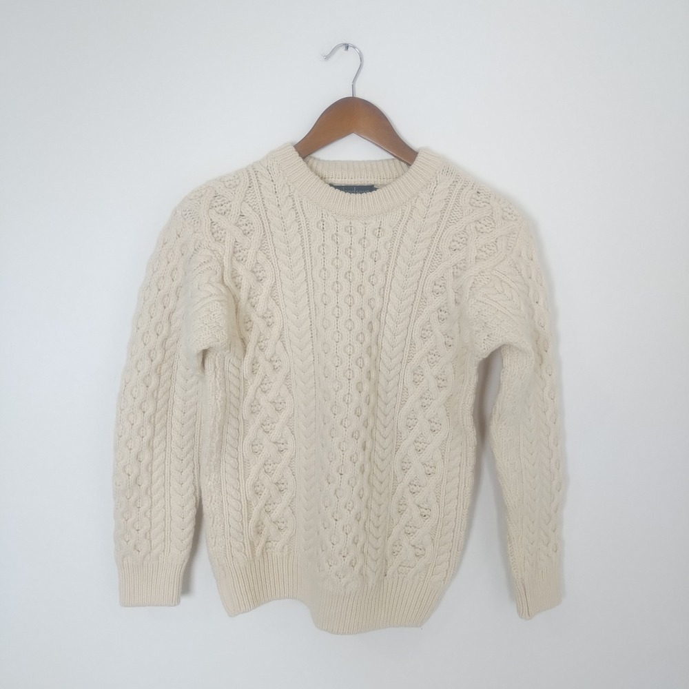 IrelandsEye Cable Knit Sweater Womens XS Cream Virgin Wool Chunky Fisherman